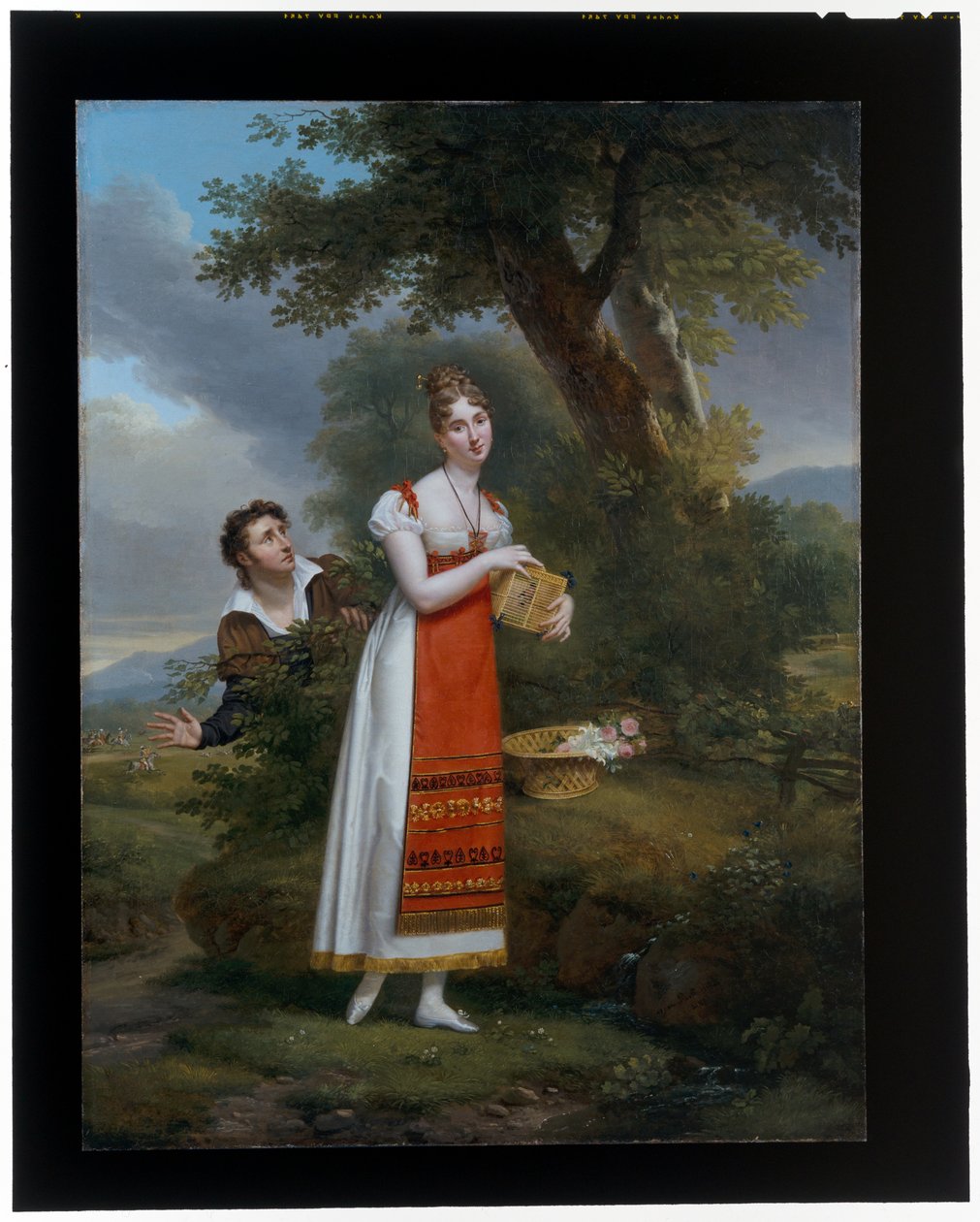 Lady holding a Bird Cage surprised by a Man, a Stag Hunt beyond alkotó: Adele Romany