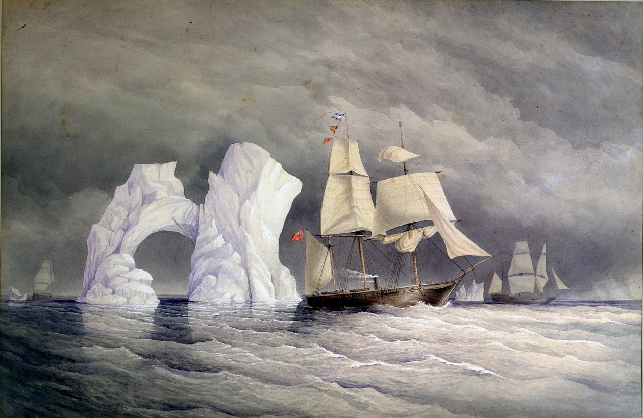 A Phoenix, Talbot és Diligence brit hajók átkelése egy jéghegyen (Kanada sarkvidéke). Akvarell (58x88 cm), készítette Edward Augustus Inglefield (1820-1894). alkotó: Admiral Edward Augustus Inglefield