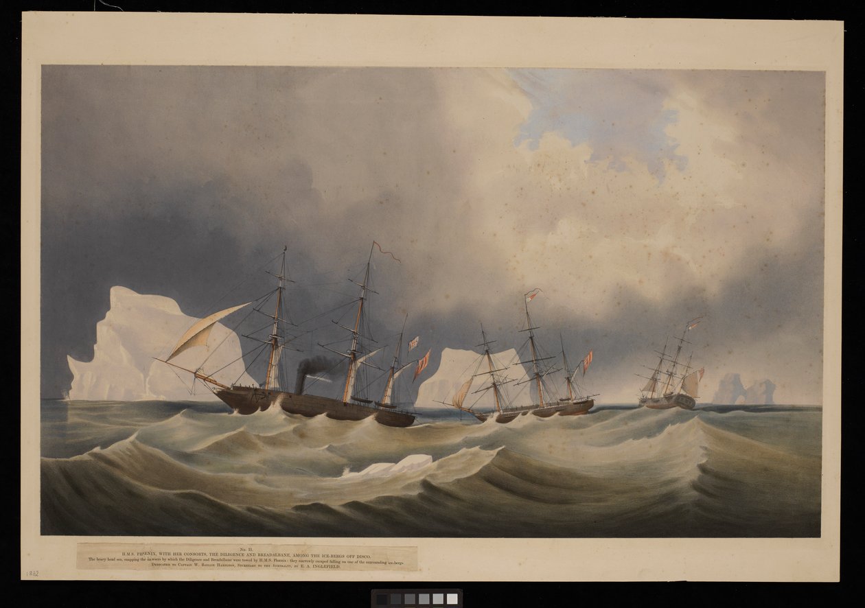 H.M.S. Phoenix és kísérői, a Diligence és a Breadalbane, a jéghegyek között alkotó: Admiral Edward Augustus Inglefield