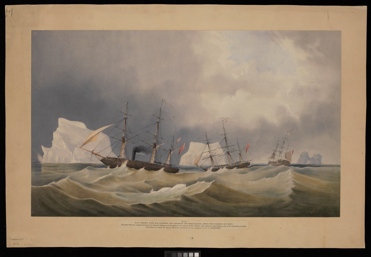 H.M.S. Phoenix és kísérői, a Diligence és a Breadalbane, a jéghegyek között alkotó: Admiral Edward Augustus Inglefield