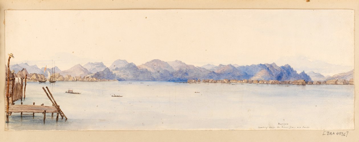 Borneó - A házunkból a folyóra tekintve a nyugat-indiai, észak-amerikai és borneói albumból, 1845 körül (akvarell) alkotó: Admiral Sir Edward Gennys Fanshawe