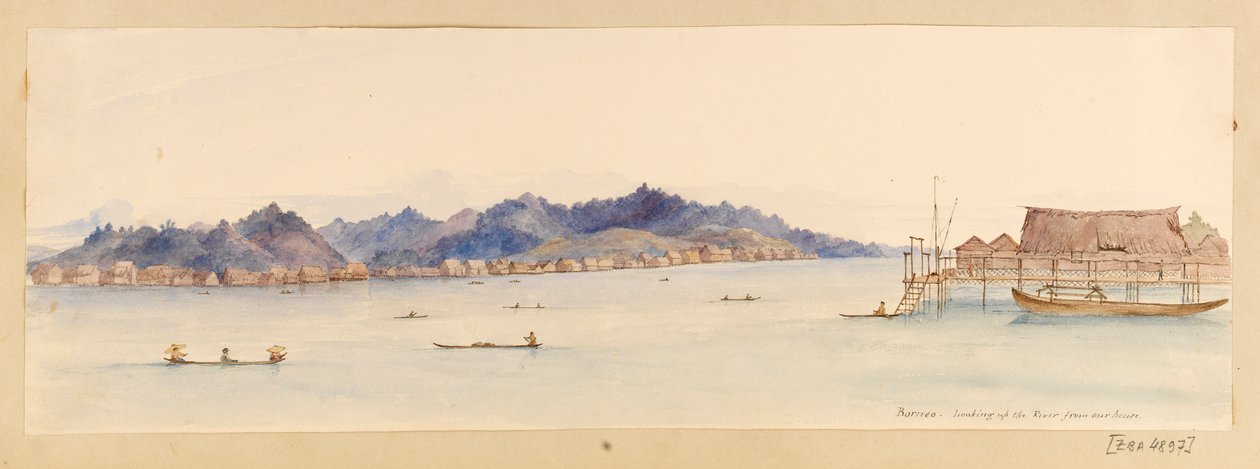 Borneó - Folyóra tekintve a házunkból a Nyugat-Indiából, Észak-Amerikából és Borneóból, 1845 körül (akvarell) alkotó: Admiral Sir Edward Gennys Fanshawe