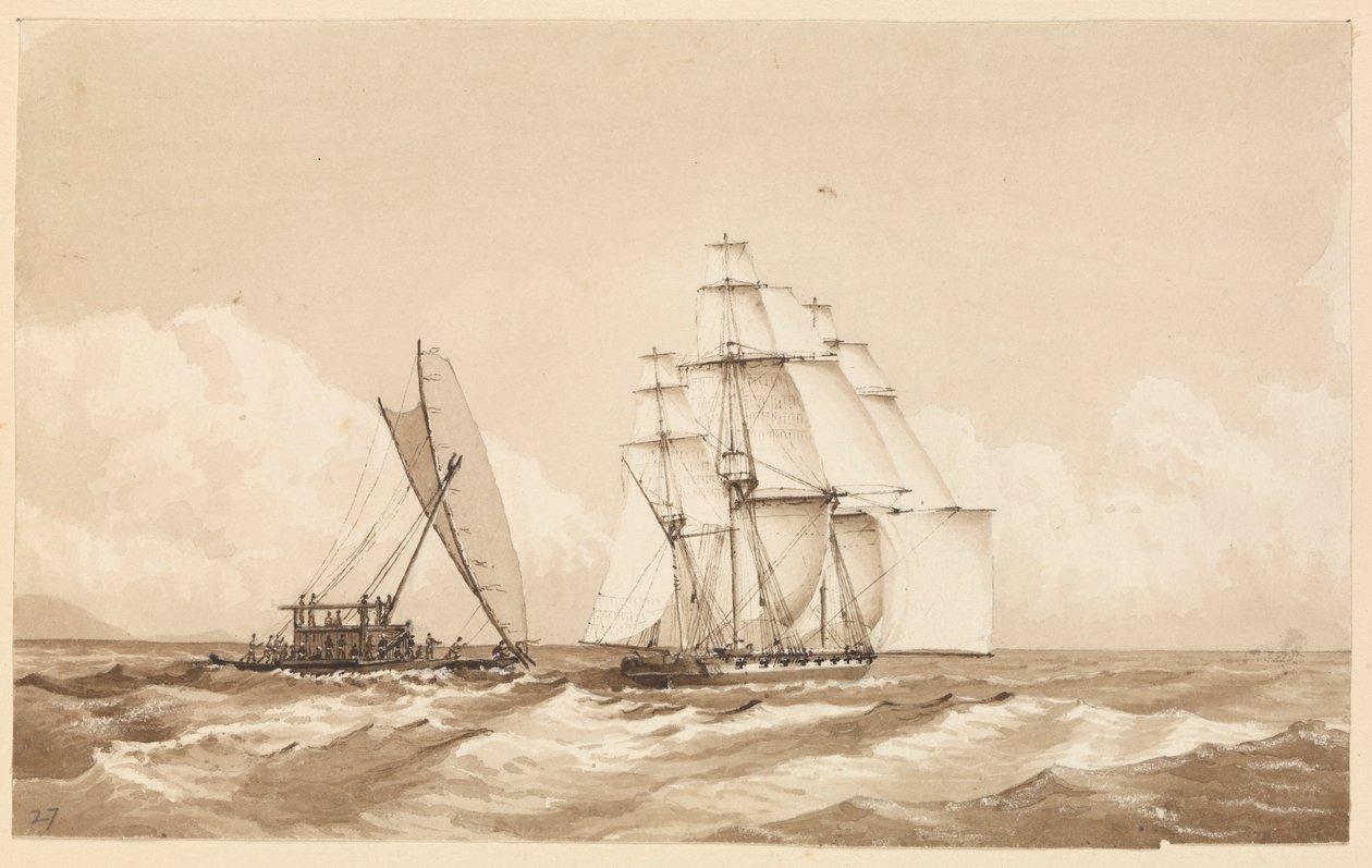Kettős kenu Moalu előtt, Feejee-szigetek, 1849. szeptember 26. [Fidzsi] alkotó: Admiral Sir Edward Gennys Fanshawe