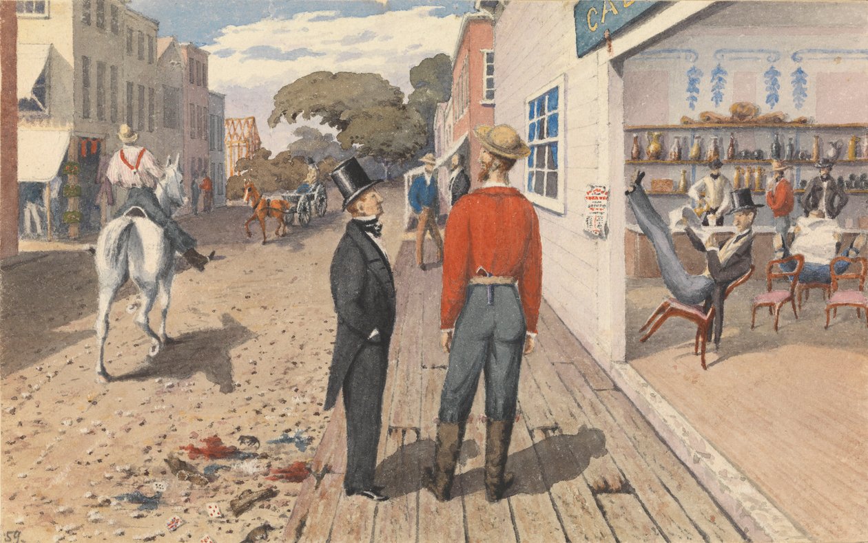 "Rust úr, a "Pacific Star" szerkesztője és testvére, Dr. Rust, egy szalon előtt Sacramento városában [Kalifornia], 1851 szeptembere". alkotó: Admiral Sir Edward Gennys Fanshawe