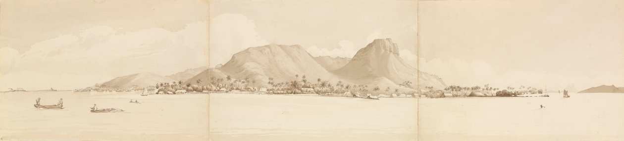 "Raiatea panorámája, 1849. szeptember 1. Jobbra Tahaa [Társadalmi Szigetek]