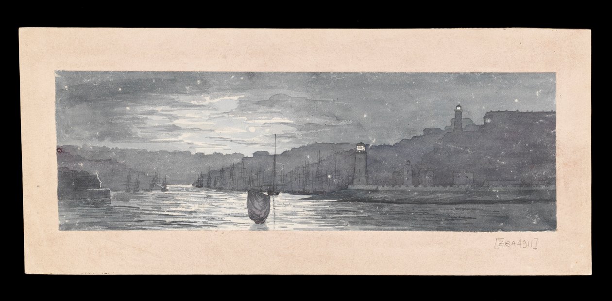 A Tyne torkolata, North és South Shields, holdfényben, 1840 körül (akvarell, karcolás, papír) alkotó: Admiral Sir Edward Gennys Fanshawe