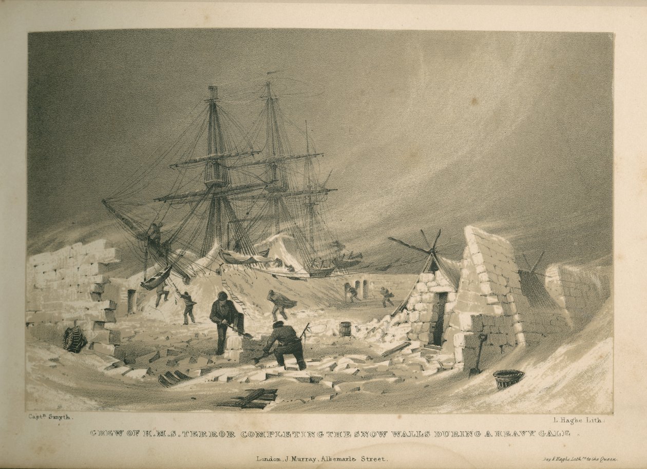 A H.M.S. legénysége Terror, amely befejezi a hófalakat egy erős szélvihar során alkotó: Admiral William Henry Smyth
