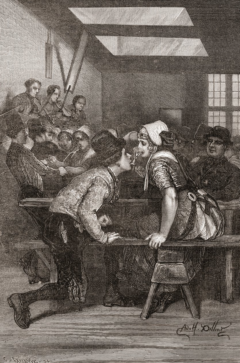 Egy fiatal férfi poharat tart a fogai között, hogy a szeretőjéből ihasson, Zeeland, Hollandia, illusztráció a „The World in the Hands” című művéből, Charles Laplante (megh. 1903) metszetében, 1878-ban (engravi) alkotó: Adolf Alexander Dillens