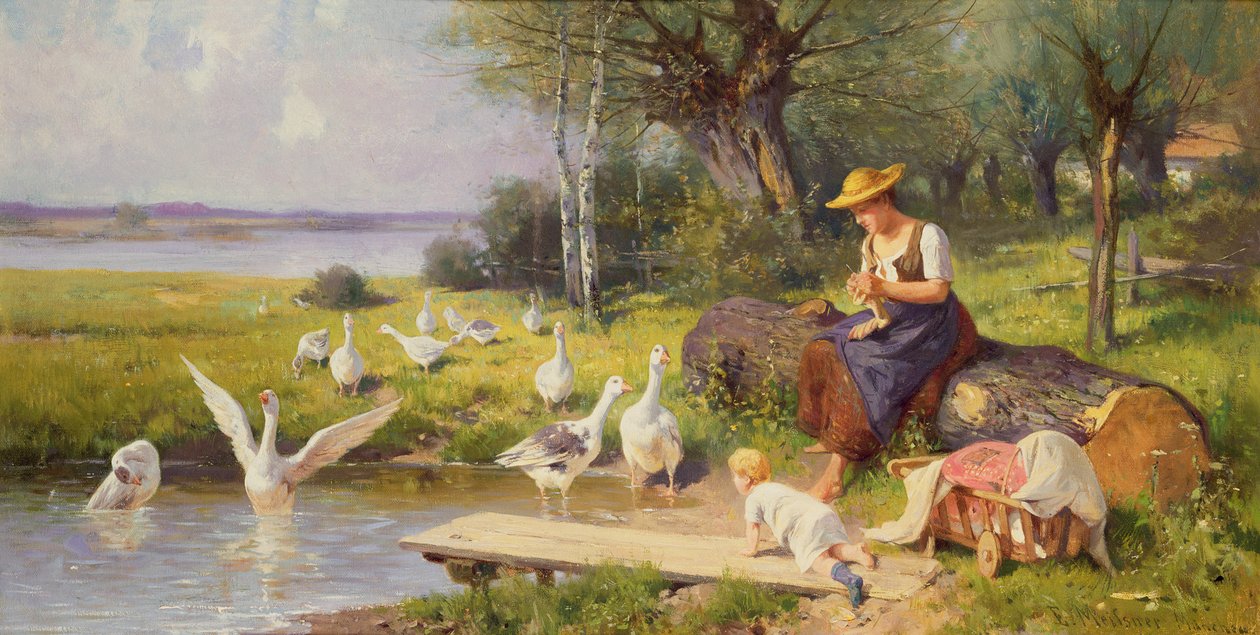 Anya és gyermeke libákkal alkotó: Adolf Ernst Meissner