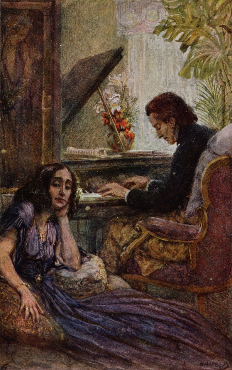 Postcard depicting George Sand (1804-76) listening to Frederic Chopin (1810-1849) play the piano, 1917  alkotó: Adolf Karpellus