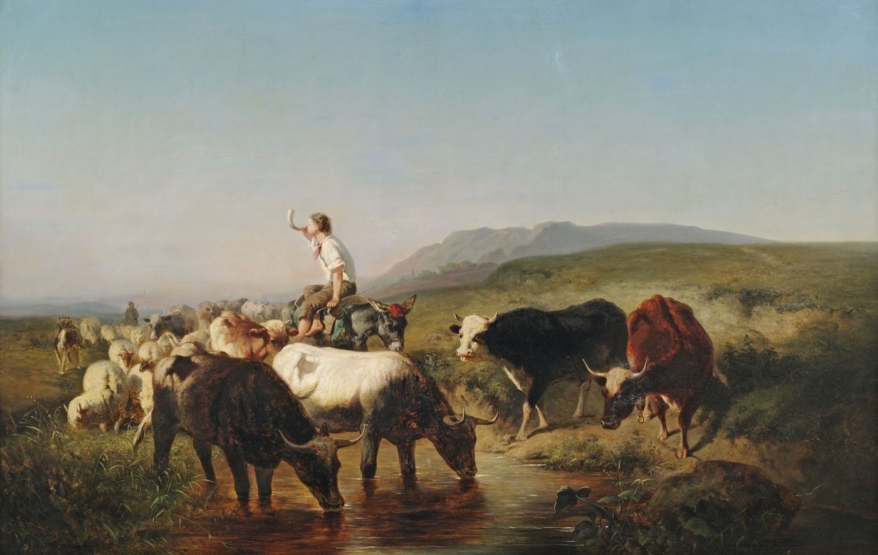 Szarvasmarha- és juhcsorda, pásztorfiú szamáron lovagol széles tájon alkotó: Adolf Schreyer