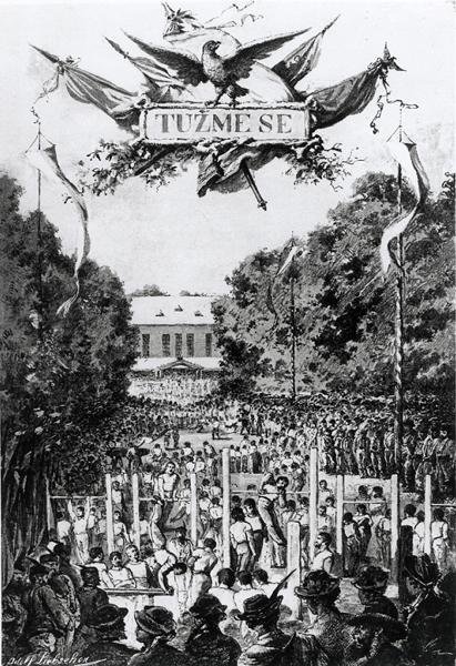 „Tuzmese” (az erőfeszítés), a sokolok első találkozása Prágában alkotó: Adolf (after) Liebscher