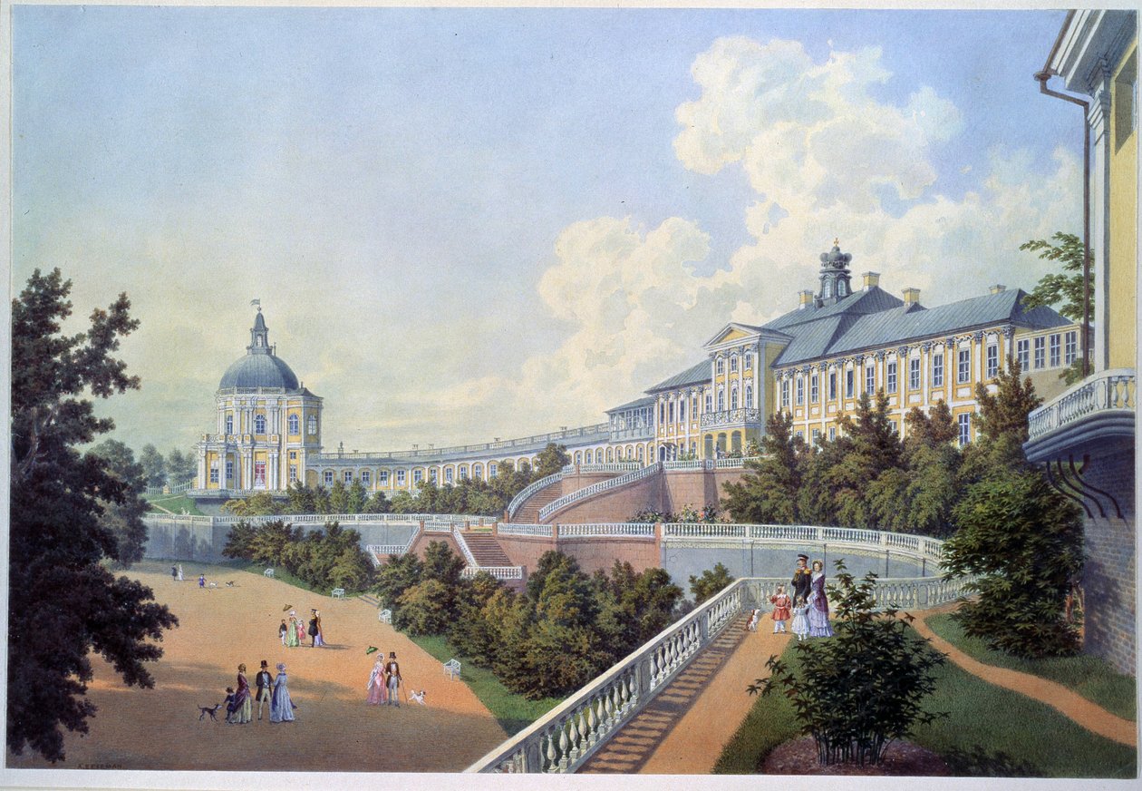 Oranienbaum (Oranienbaum királyi rezidencia) nagy palotája, amely Szentpétervár agglomerációjában, Lomonossovban található (a nagy Oranienbaum palota). Adolf Bezemann (1806-1867) festménye. Akvarell papíron alkotó: Adolf Besemann