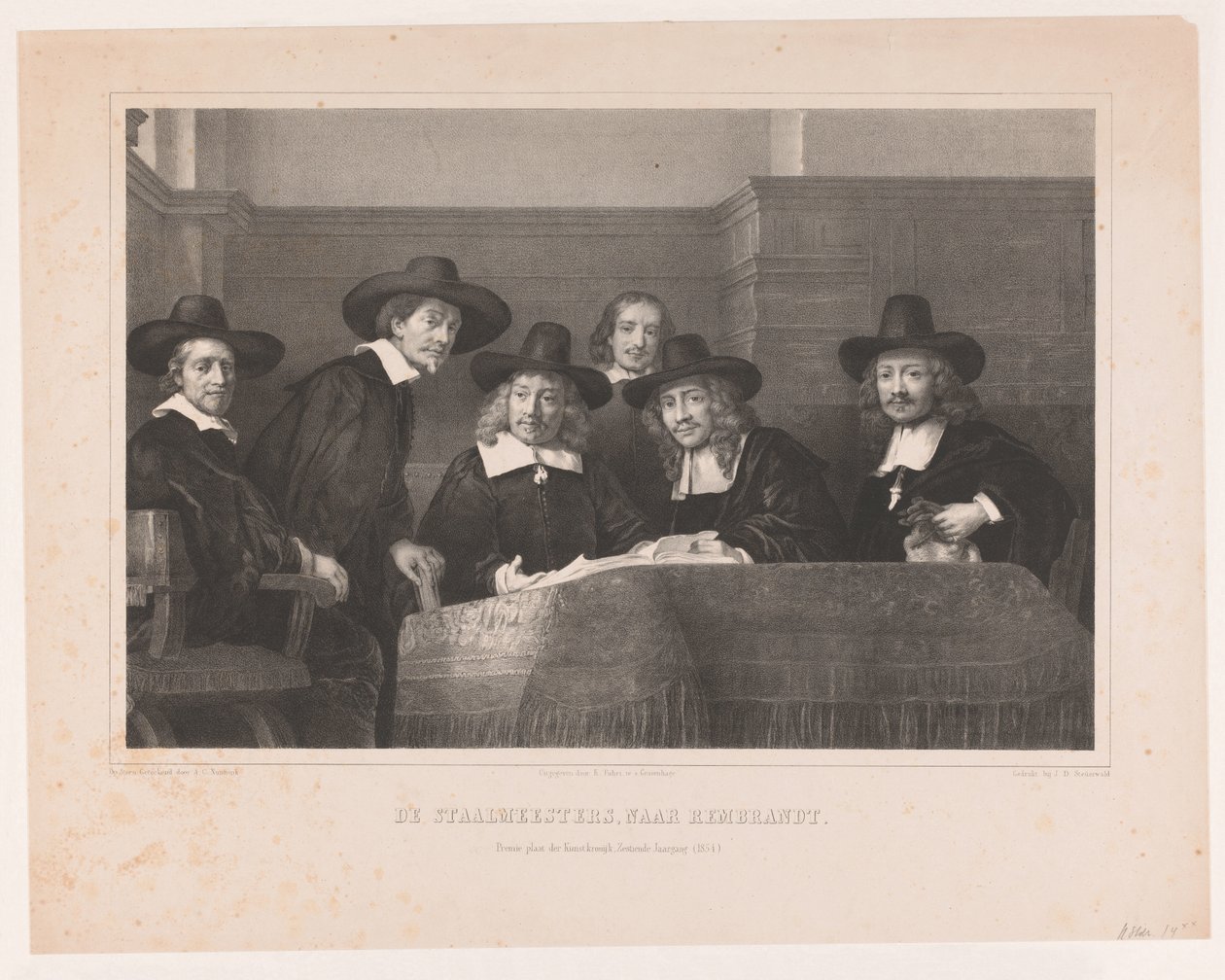 De Staalmeesters: az amszterdami ruhakészítők céhének mintamestereinek (waardijns) főiskolája De Staalmeesters, Rembrandt után / Premium plate der Kunstkronijk, Tizenhatodik kötet (1854) (cím a tárgyon) alkotó: Adolf Carel Nunnink