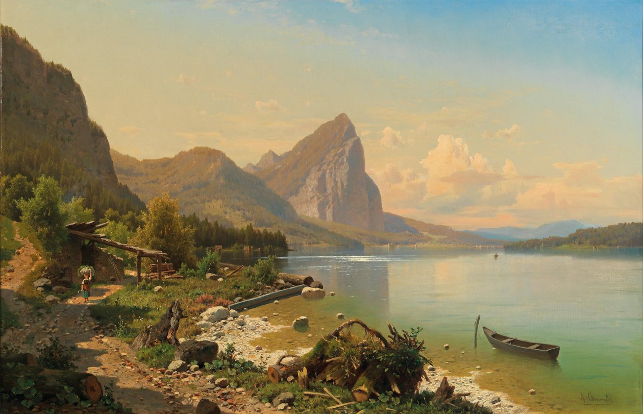 Játék a Mondsee-n Scharfling közelében, kilátással a Drachenwandra alkotó: Adolf Chwala