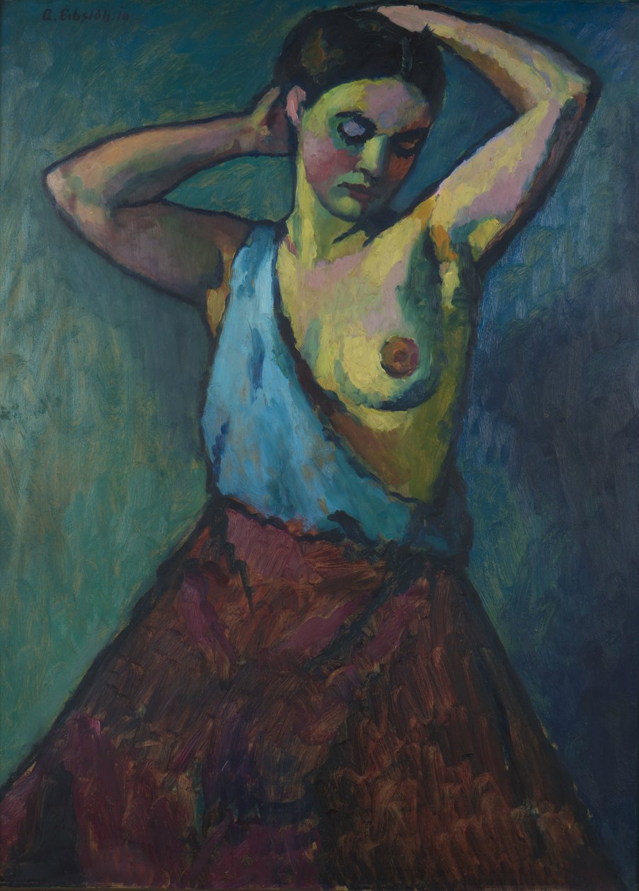 Piros szoknyát viselő lány, 1910. alkotó: Adolf Erbslöh
