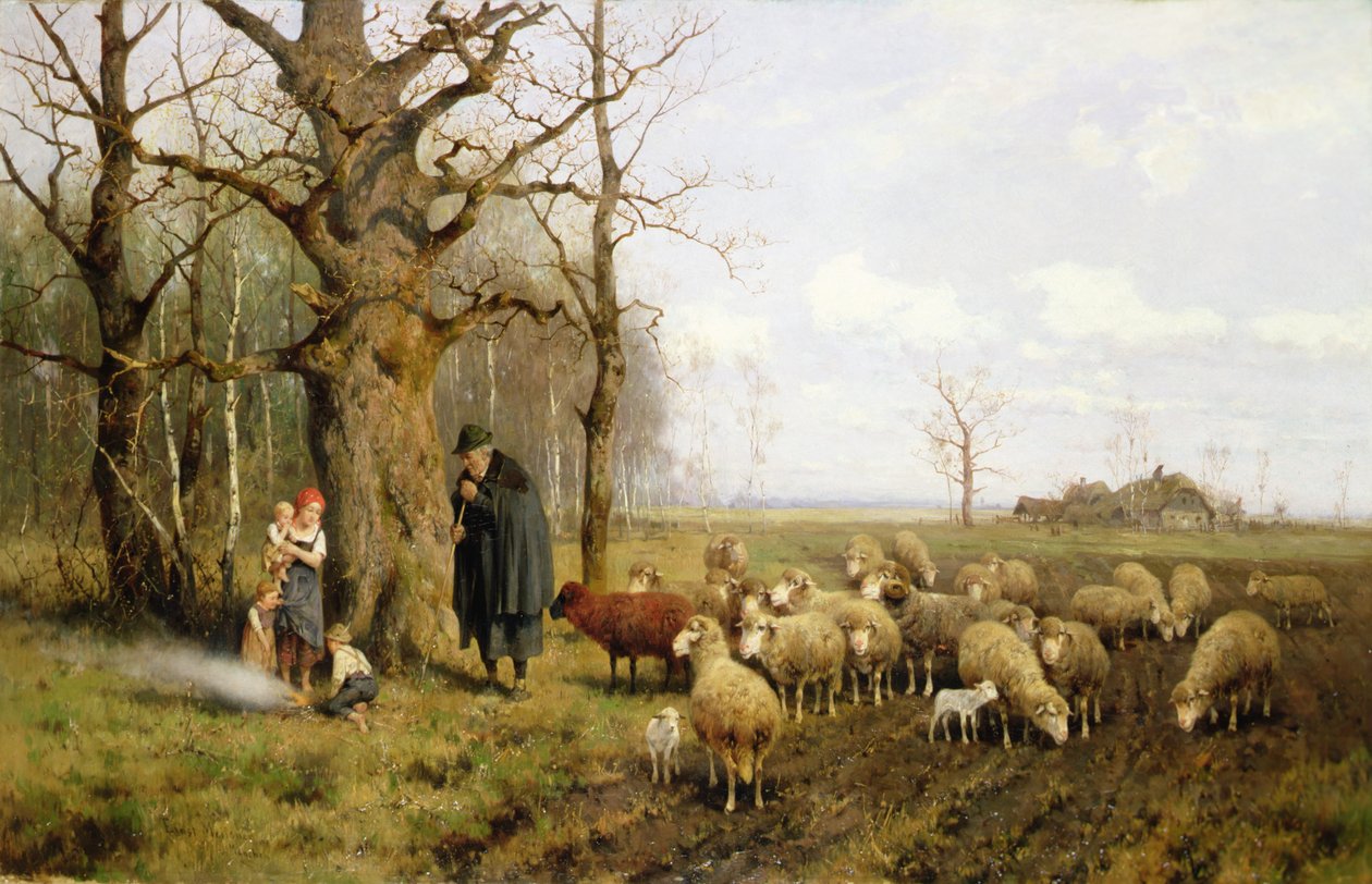 Gyermekek pásztorral és juhok a tájban (olaj, vászon) alkotó: Adolf Ernst Meissner