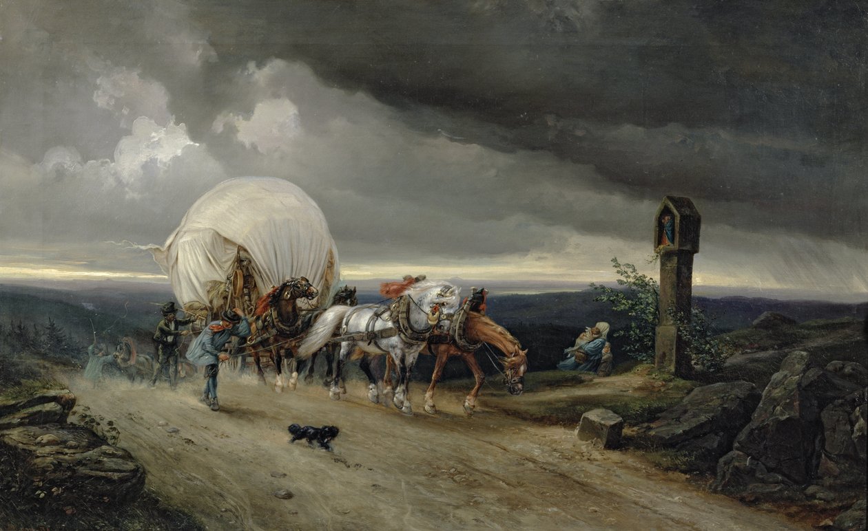 Szekeret húzó lovak egy dombon, 1856 alkotó: Adolf Friedrich