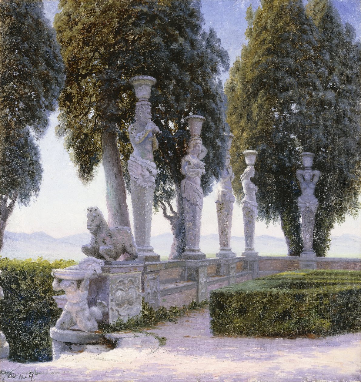 tér kariatidákkal a Villa Farnese területén, Caprarola; Piazzale delle Cariatidi a Palazzo Farnese parkjában Caprarolában alkotó: Adolf Heinrich Hansen