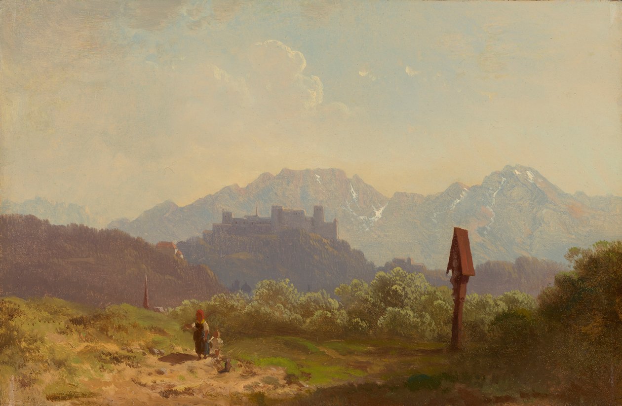 Salzburg melletti telek, kilátással a Hohensalzburg-erődre és a mögötte magasodó Untersbergre alkotó: Adolf Heinrich Lier