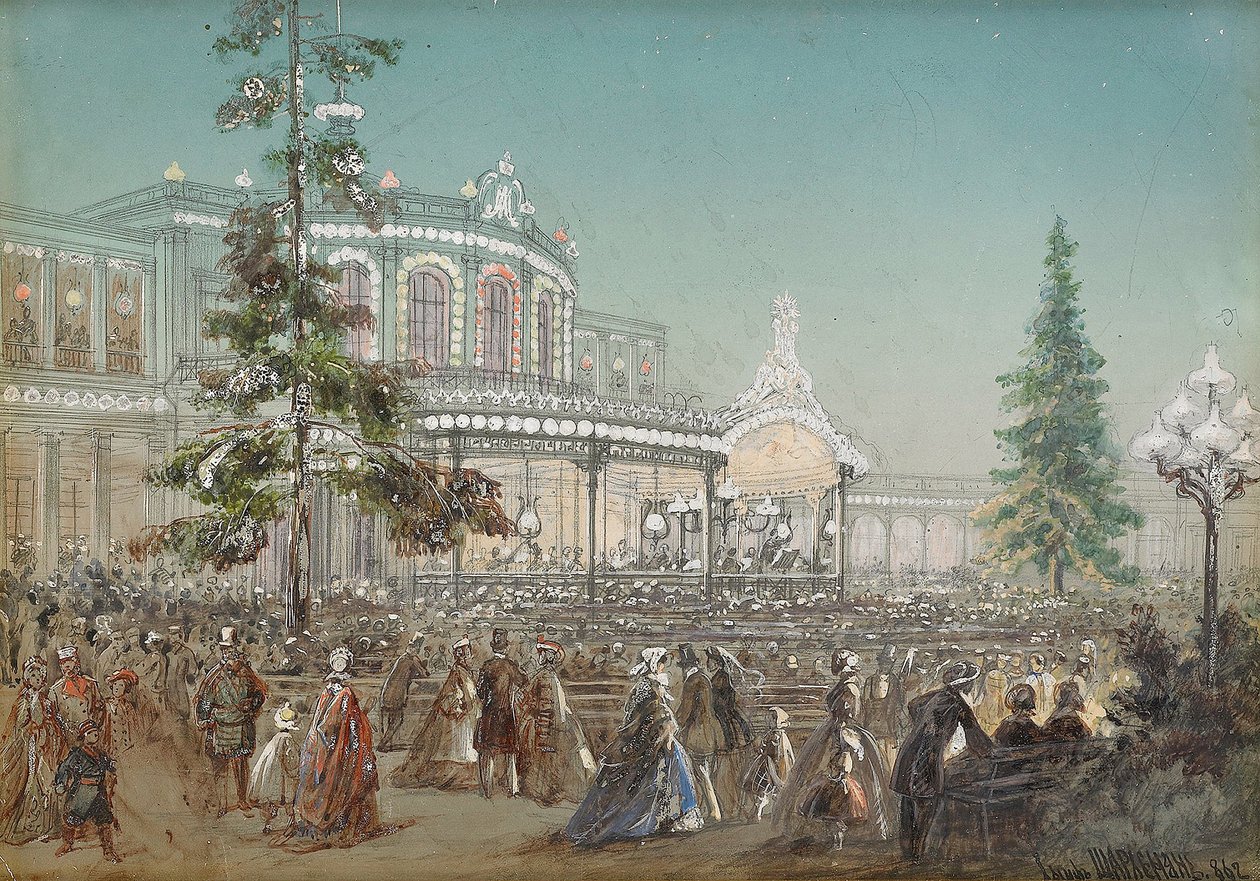 ""A Tsarskoe Selo Railroad 25. évfordulójának megünneplése a Pavlovszki pályaudvar hangversenytermében" Adolf Charlemagne (1826-1901), gouache kartonon alkotó: Adolf Jossifowitsch Charlemagne