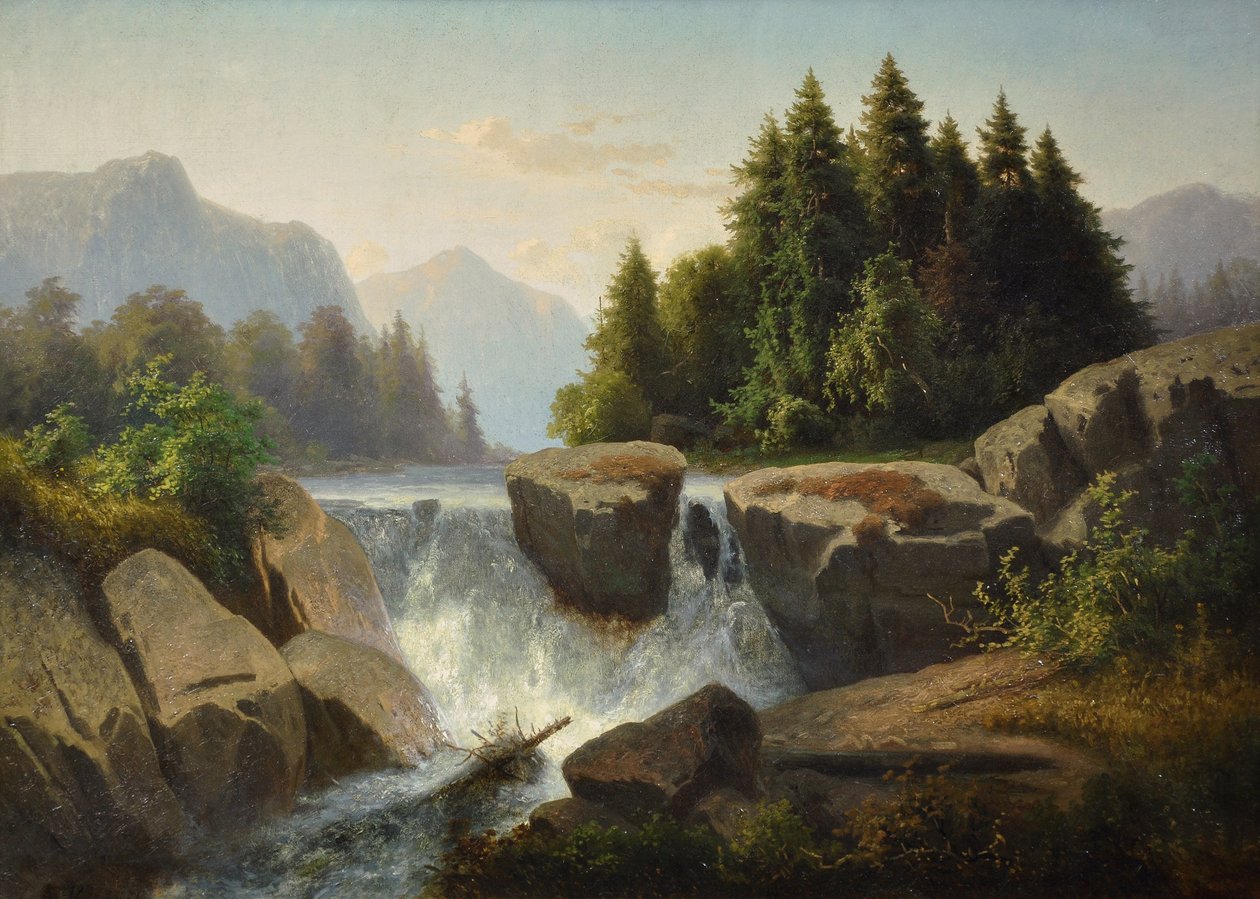 Hegyi táj vízeséssel, c. 1853 alkotó: Adolf Kosárek