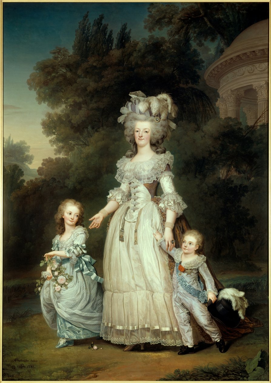 Marie Antoinette (1754-1793) francia királynő (1754-1793) portréja Marie Therese vagy Madame Royale (1778-1851) és az első Dauphin Louis Joseph Xavier Francois vagy Louis de France (1781-1789) mellett, aki a trianoni kertekben sétál Festmény: Ad alkotó: Adolf Ulrich Wertmuller