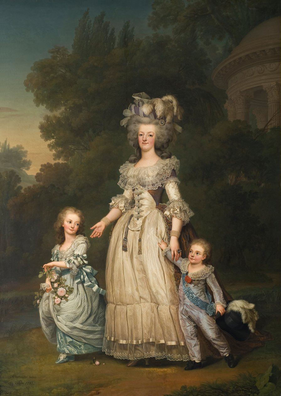 Marie Antoinette francia királynő és két gyermeke sétál a Trianon parkban, 1785 alkotó: Adolf Ulrich Wertmuller