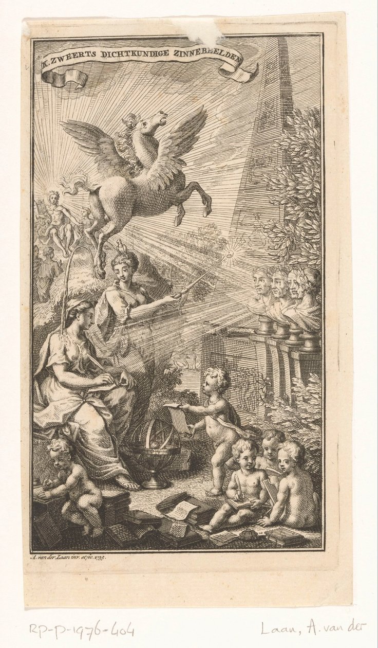 Allegorikus jelenet női írással, mellszobrokkal, Pegazusszal és Apollónnal Címlap ehhez: Cornelis Sweerts, Költői szimbólumok, 1736 alkotó: Adolf van der Laan