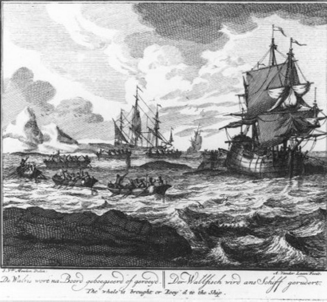 „A bálnát a fedélzetre vontatják vagy evezik.” (7. szám a bálnavadászatról szóló sorozatból) alkotó: Adolf van der Laan