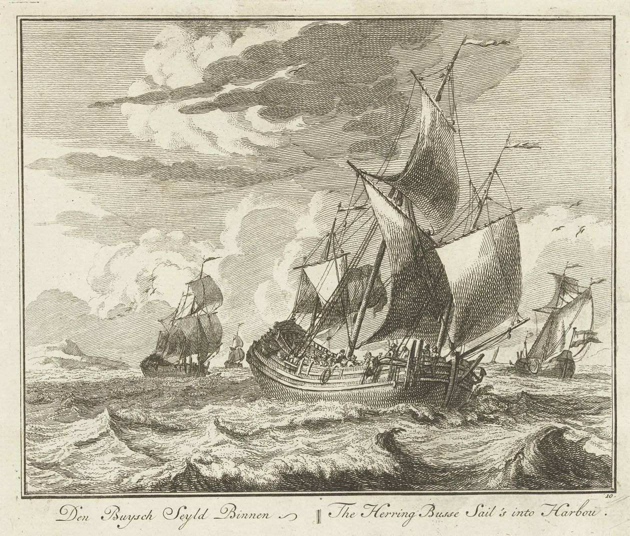 Heringcső hazahajózik, 1725 körül Den Buysch Seyld Binnen / The Herring Busse Sails in Barbou (cím a tárgyon) Groote Vissery (sorozat címe) alkotó: Adolf van der Laan