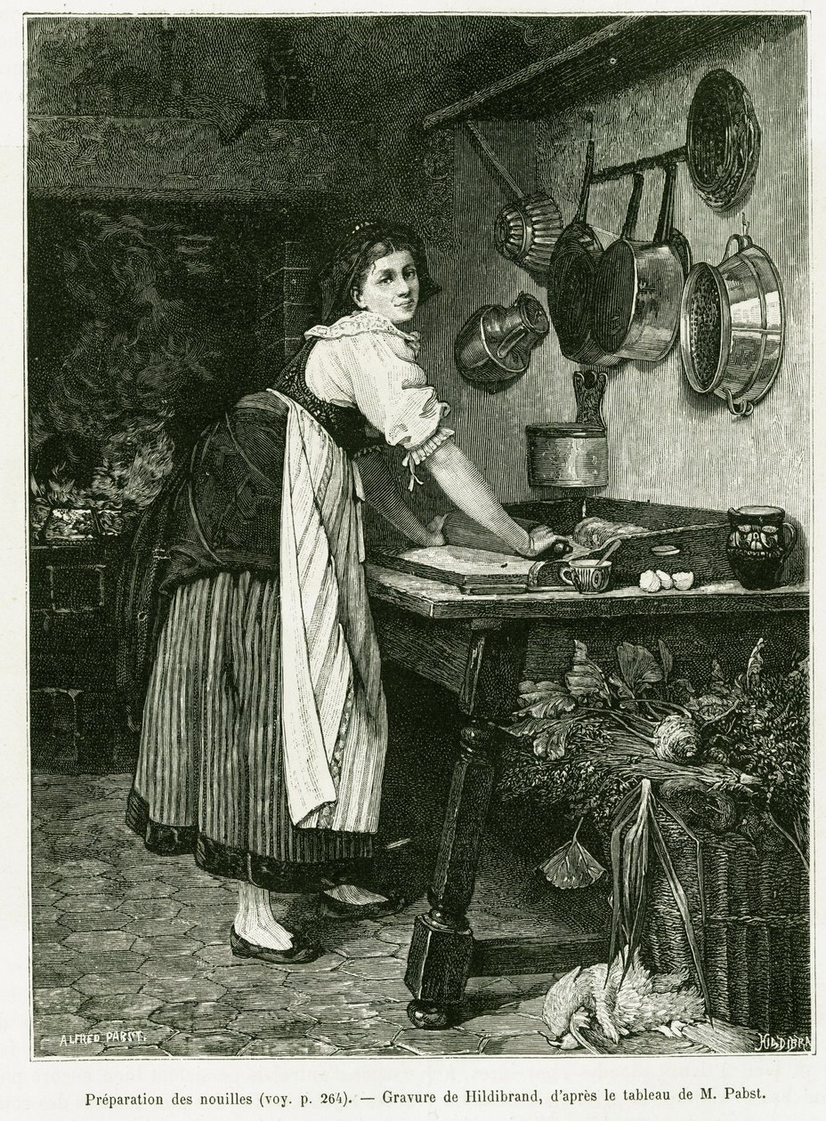 Tészta elkészítése. Hildibrand metszet az Elzászon és Lotaringián keresztül című történet illusztrálására 1887-ben, Charles Grad német deputer, a tour du monde 1888-ban, rendezte Edouard Charton (1807-1890), Hachette, Párizs. alkotó: Adolf von Hildebrand