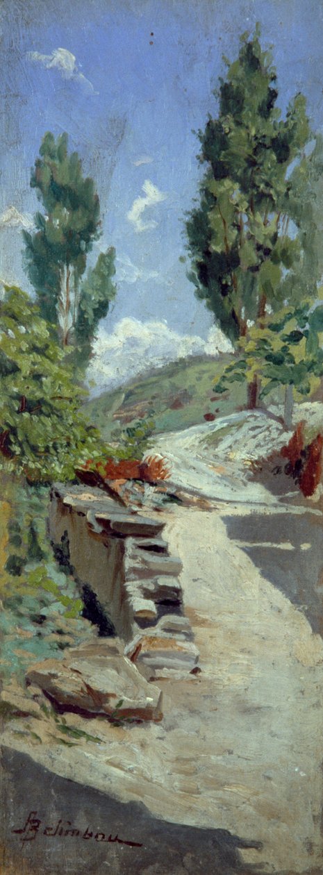 Út a hegyekben, Adolfo Belimbau (1845-1938), olaj, panel, 23x9 cm alkotó: Adolfo Belimbau