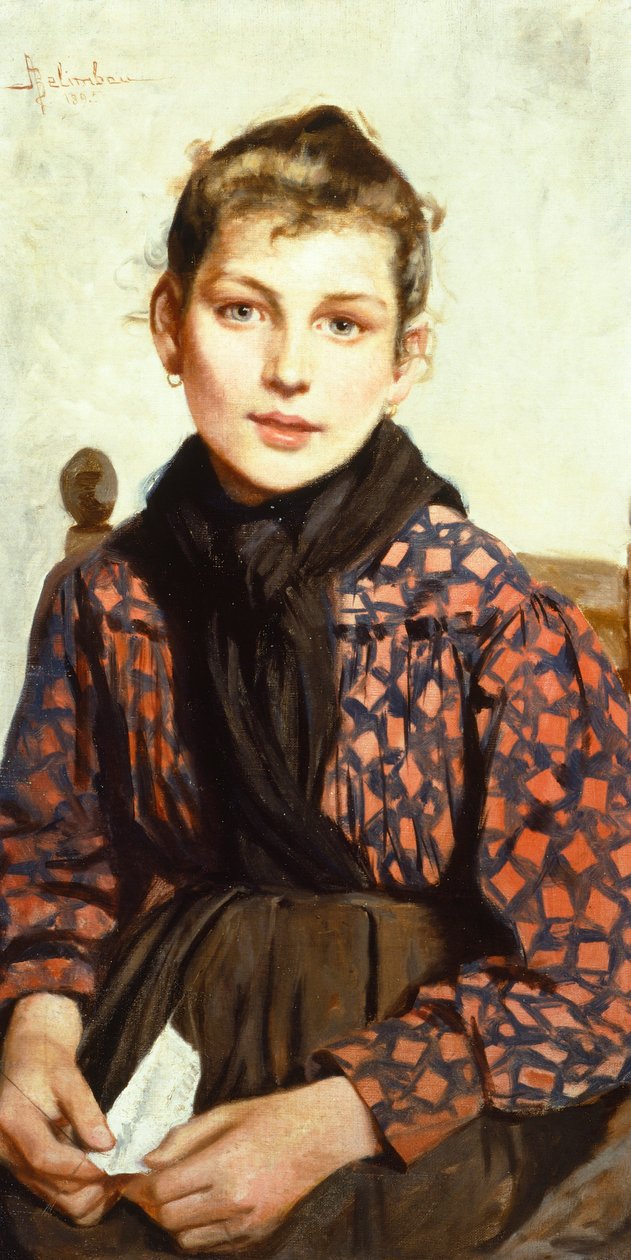 Ülő lány, Adolfo Belimbau (1845-1938), olaj, vászon, 71x37 cm alkotó: Adolfo Belimbau