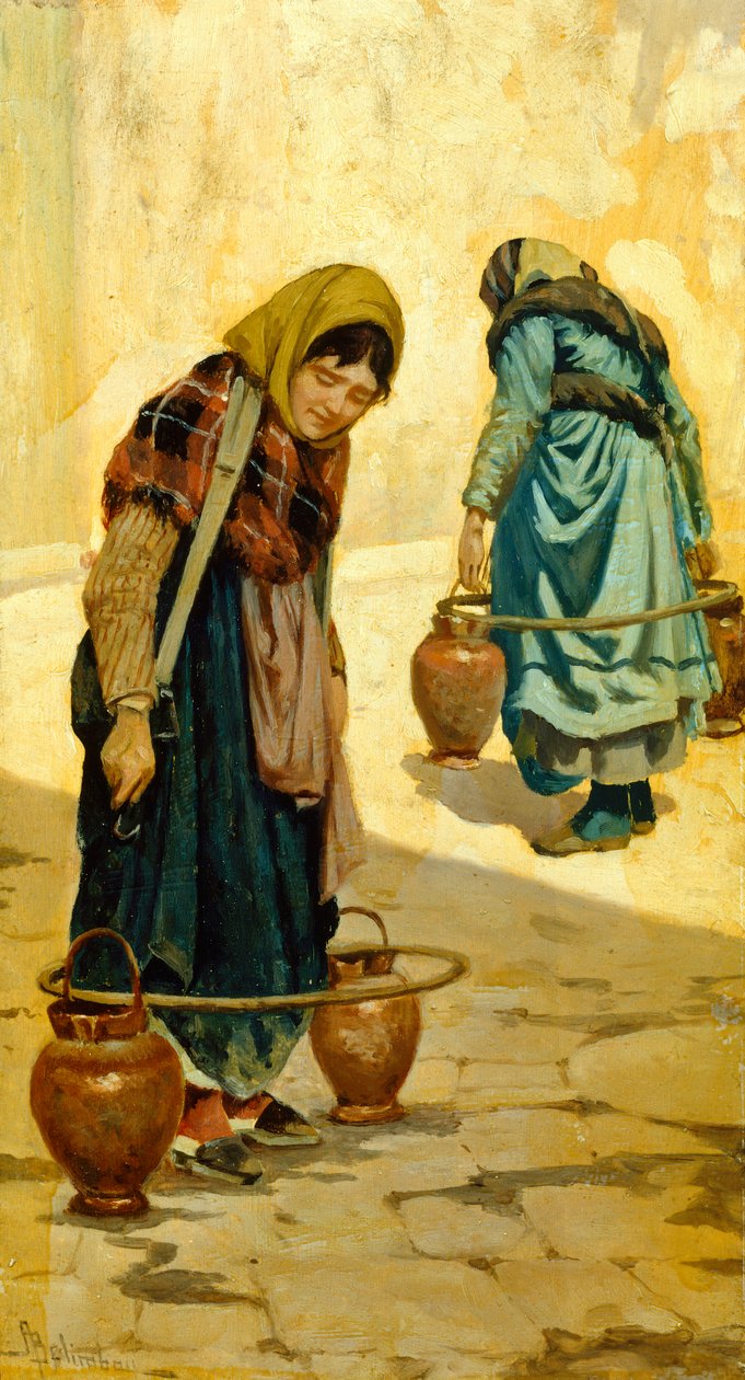 Adolfo Belimbau (1845-1938) vízhordozói, olajtábla, 33x18 cm, 1881 körül alkotó: Adolfo Belimbau