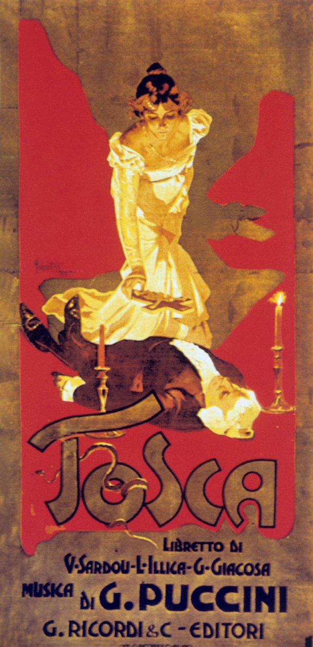 Giacomo Puccini Tosca című operájának partitúrájának borítóját Adolf Hohenstein készítette alkotó: Adolfo Hohenstein