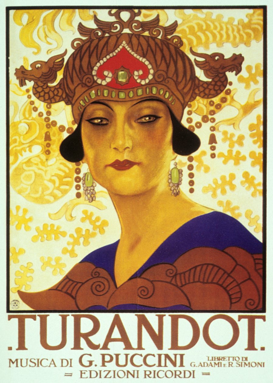 Giacomo Puccini Turandot című operájának partitúrájának Anon borítója alkotó: Adolfo Hohenstein