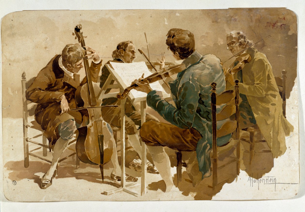 Négy zenész Három hegedűs és egy csellóművész. Adolfo Hohenstein (1854-1928) plakátja Dim. 293x454 cm Magángyűjtemény alkotó: Adolfo Hohenstein