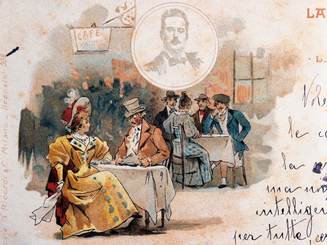 Adolfo Hohenstein (1854-1928) képeslapja, Giacomo Puccini (1858-1924) La Boheme című operájának bemutatója alkalmából készült, a második felvonás jelenetét ábrázolja. alkotó: Adolfo Hohenstein