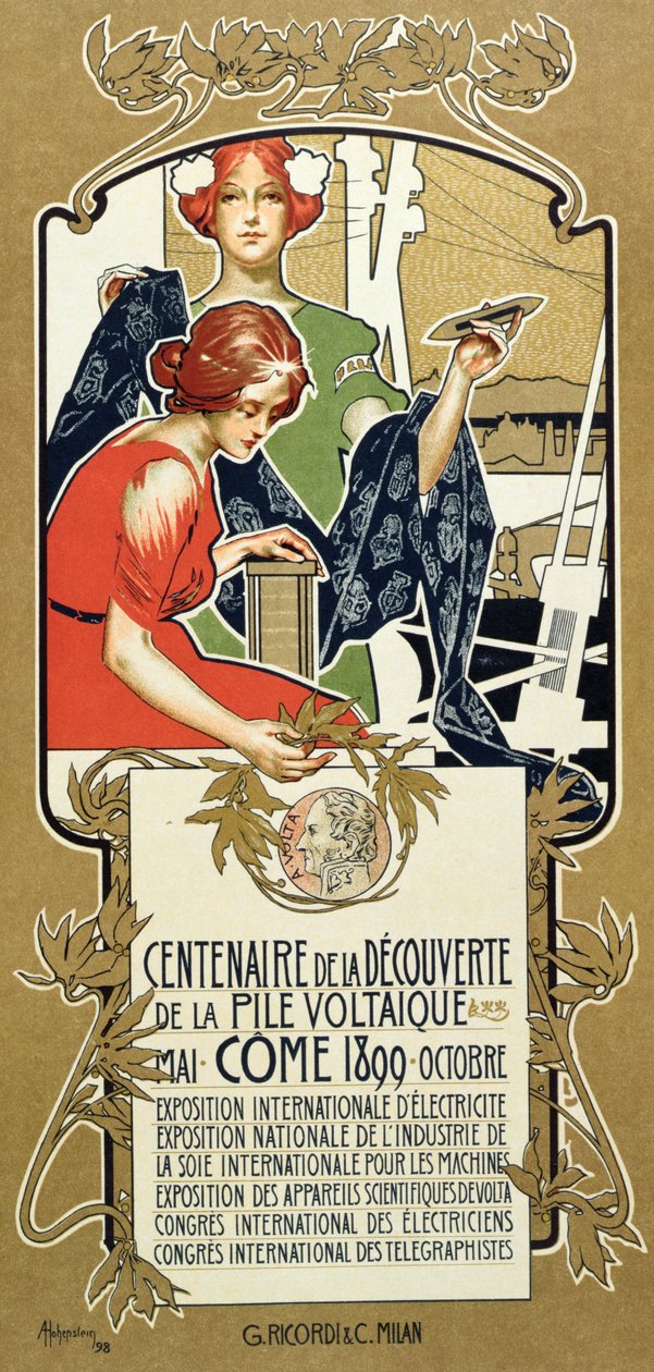 A Voltaic cölöp felfedezésének századik évfordulóját hirdető plakát, 1899 alkotó: Adolfo Hohenstein