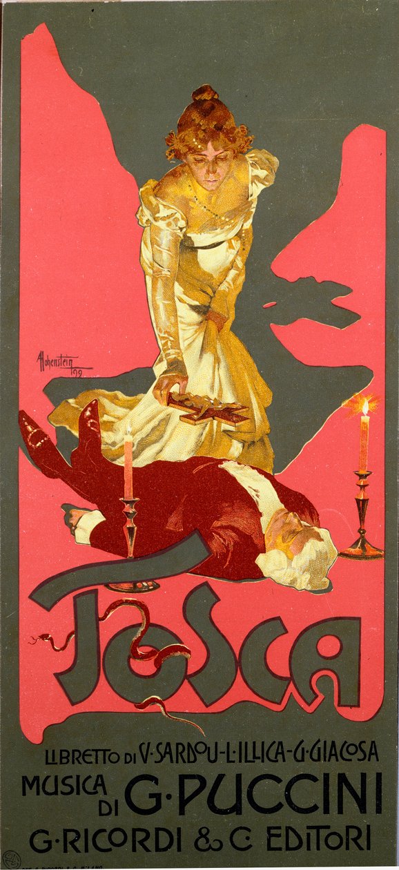 Liberty stílusú plakát Giacomo Puccini (1858-1924) „La Tosca” című operájához 1906 Dim. 30x13,5 cm Illusztráció: Adolfo Hohenstein (1854-1928) Milánói Magángyűjtemény alkotó: Adolfo Hohenstein