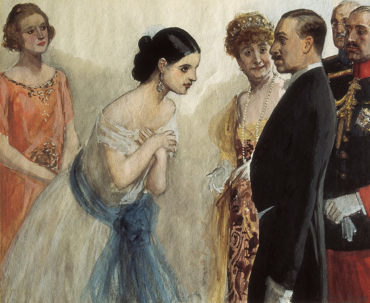 Egy hölgy bemutatása a spanyol Alfonso (Alphonse) XIII-nak (1886-1941). Adolfo Lozano Sidro (1872-1935) festménye, olaj, vászon. Magángyűjtemény. alkotó: Adolfo Lozano Sidro
