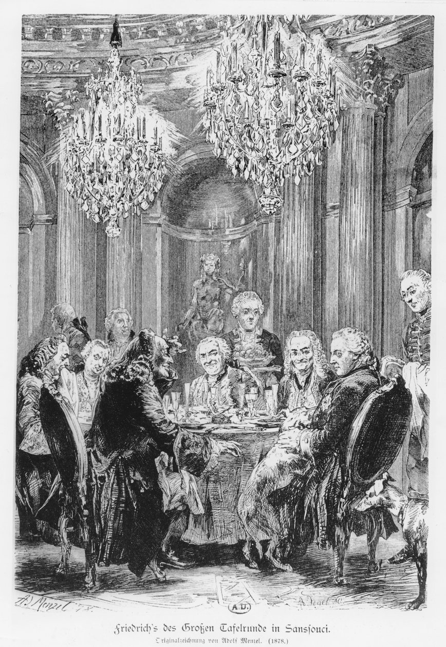 Voltaire ül II. Frigyes király mellett a Sans Souci kastélyban, Potsdam, Németország, 1878. alkotó: Adolph Menzel