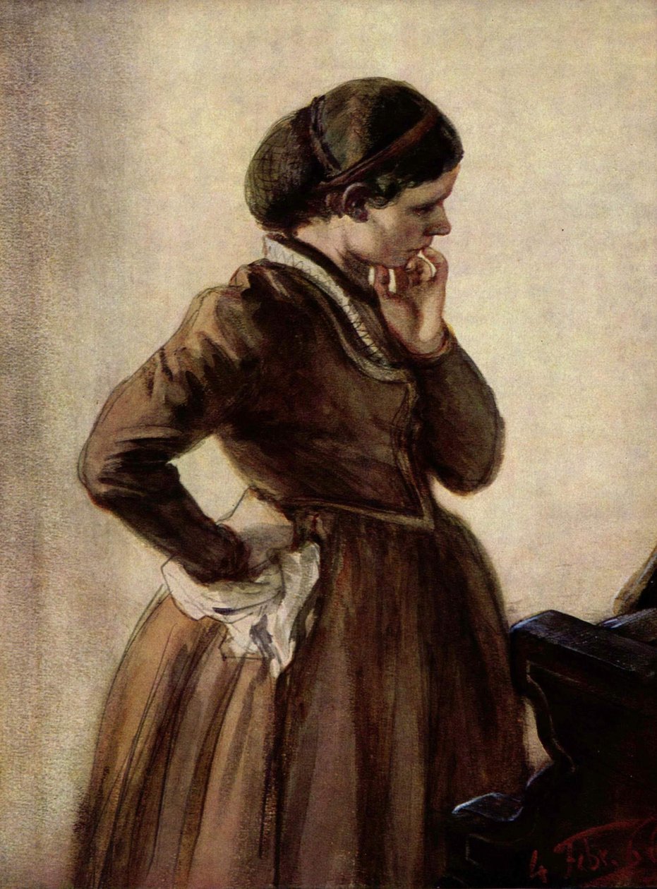 Emilie Menzel áll a zongoránál alkotó: Adolph Menzel