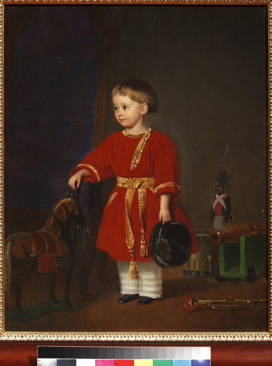 ""Piros ruhás fiú portréja katonai játékokkal" Adolf Jebens (1819-1888) festménye 1849 Művészeti és pedagógiai játékmúzeum, Sergiyev Posad alkotó: Adolph Gebens