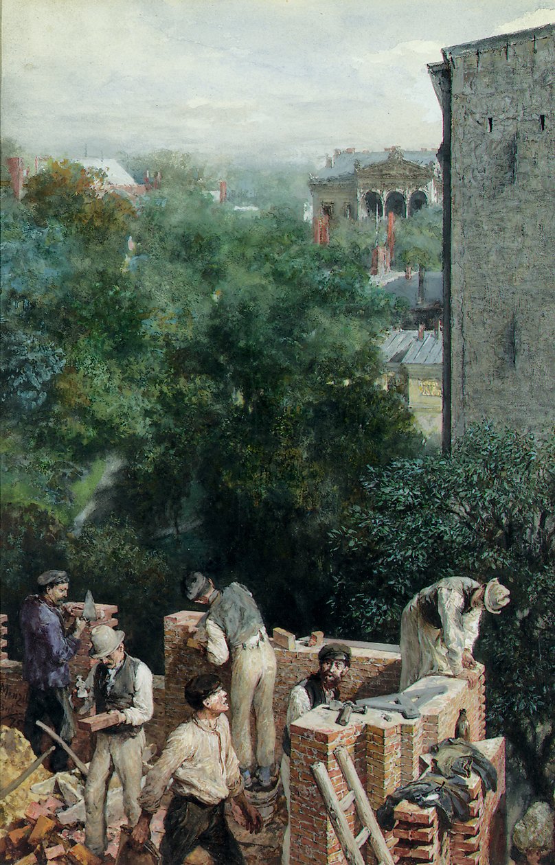 Kőművesek egy építkezésen, 1875 alkotó: Adolph Menzel