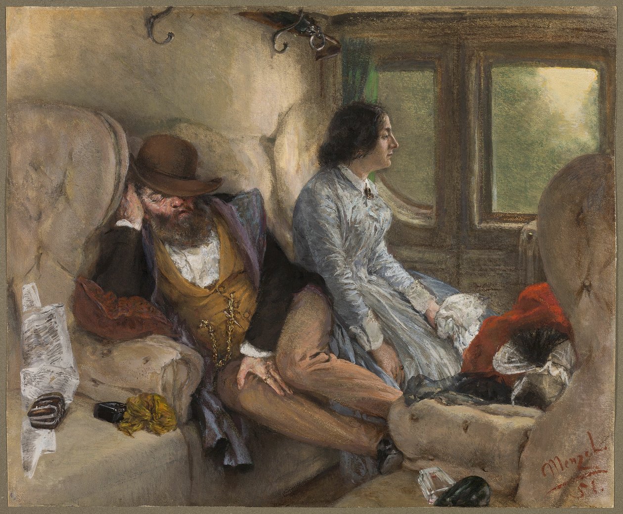 Egy vasúti kocsiban (Egy éjszakai utazás után) alkotó: Adolph Friedrich Erdmann von Menzel