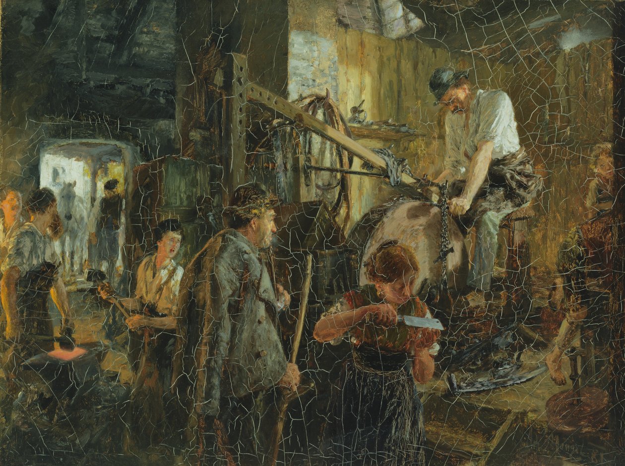 A késdaráló a hofgasteini kovácsműhelyben, 1881 alkotó: Adolph Menzel