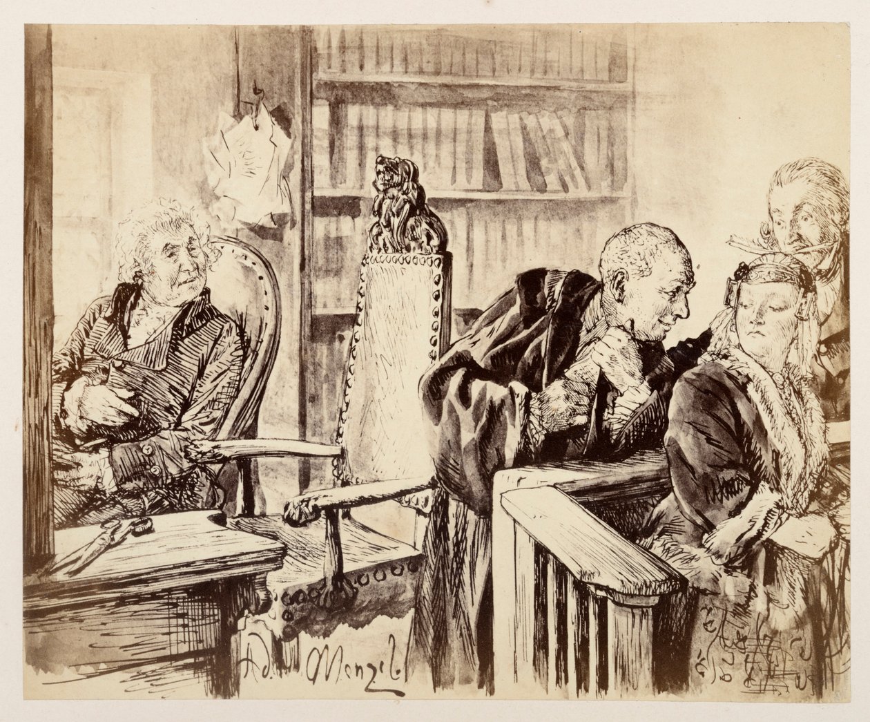 Ádám titokban Évához beszél. Licht hallgatózik. A bírósági tanácsos visszahívja Ádámot a bírói székbe, Heinrich von Kleist „Az eltört korsó” című művéhez alkotó: Adolph Menzel