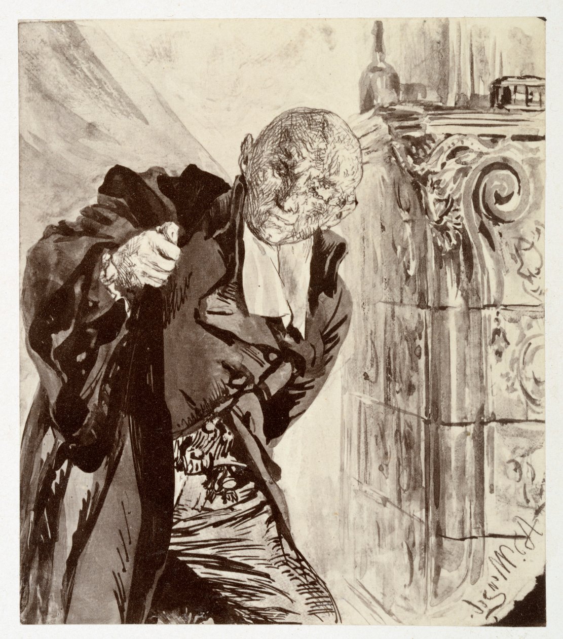Adam, aki egy csempekályha mellett áll jobbra, felveszi bírói talárját, Heinrich von Kleist „A törött kancsó” című művéhez alkotó: Adolph Menzel